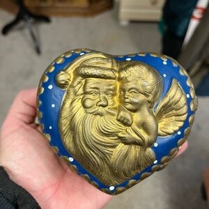 Gold and Blue Heart Ornament with Santa and Angel